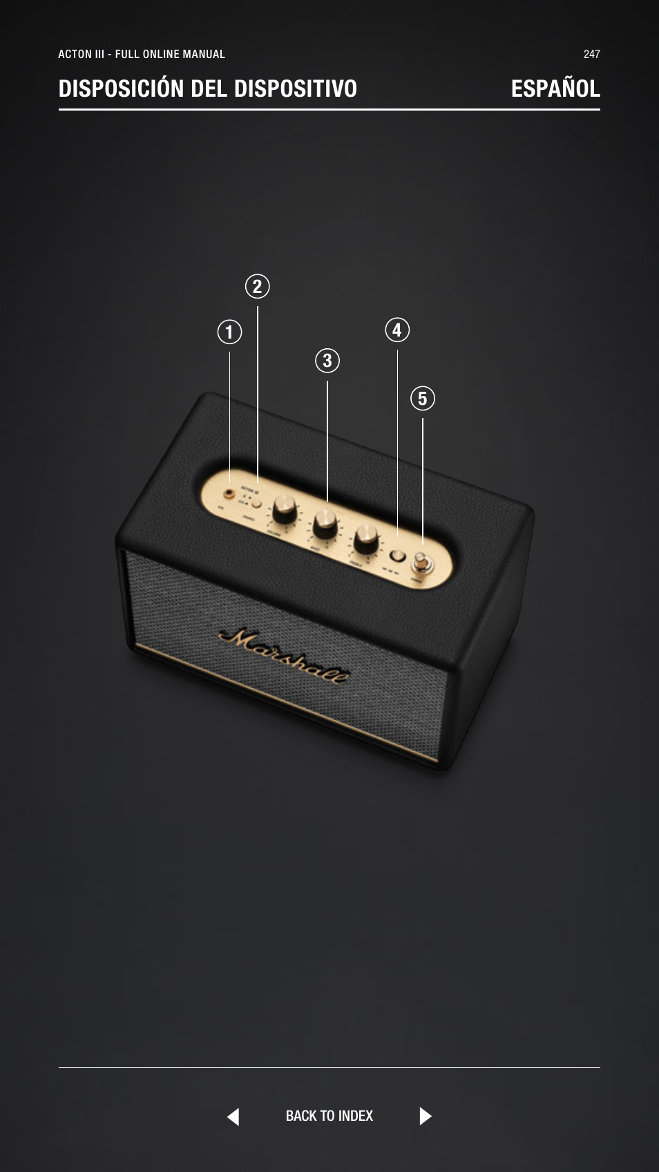 Spanish, Español, Disposición del dispositivo español | Marshall Acton III Bluetooth Speaker System (Black) User Manual | Page 247 / 304