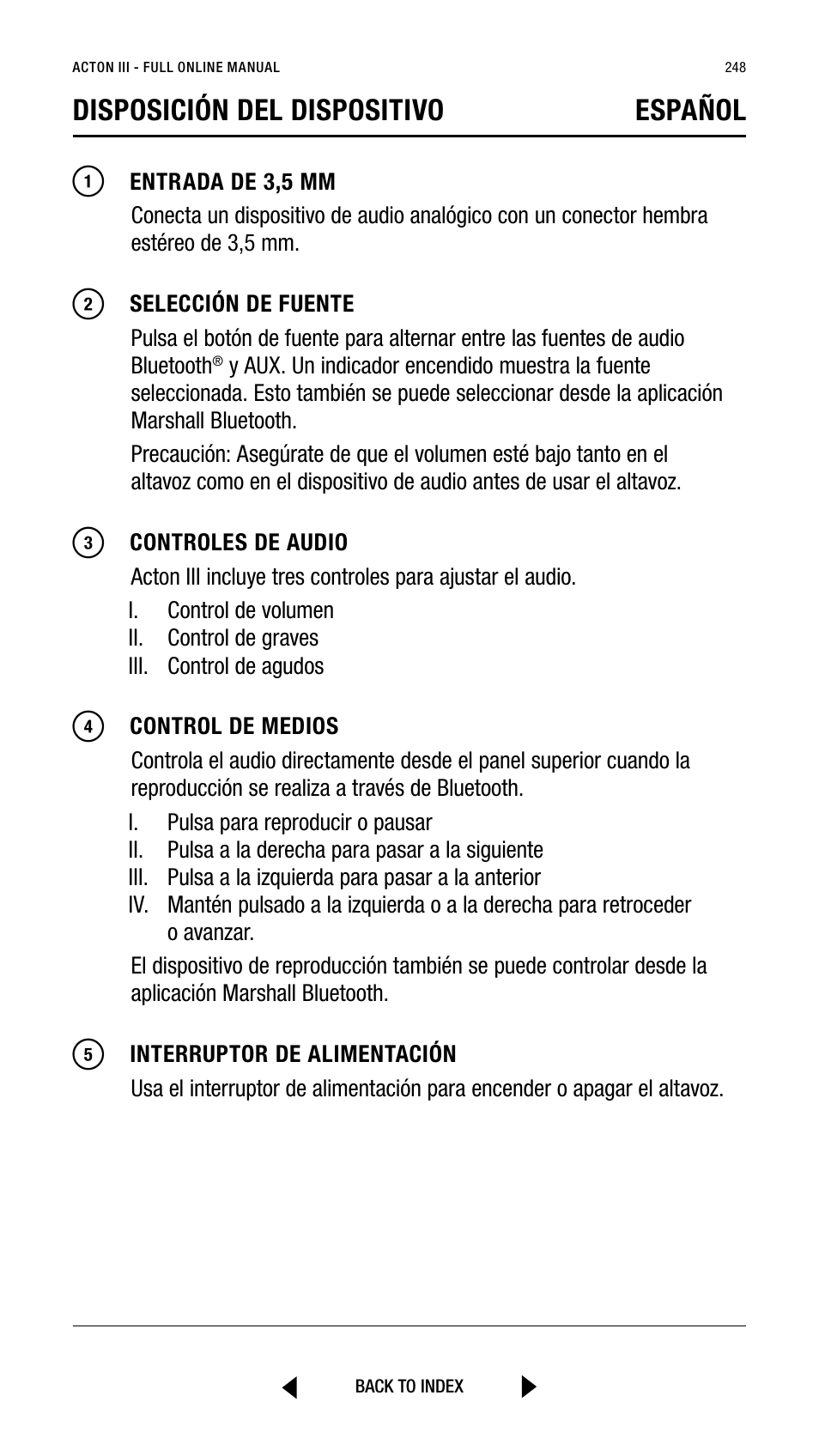 Disposición del dispositivo español | Marshall Acton III Bluetooth Speaker System (Black) User Manual | Page 248 / 304