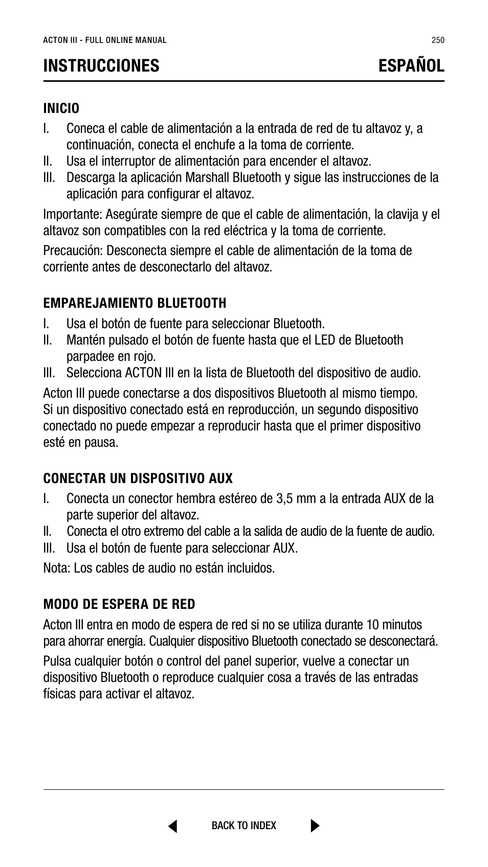 Instrucciones español | Marshall Acton III Bluetooth Speaker System (Black) User Manual | Page 250 / 304