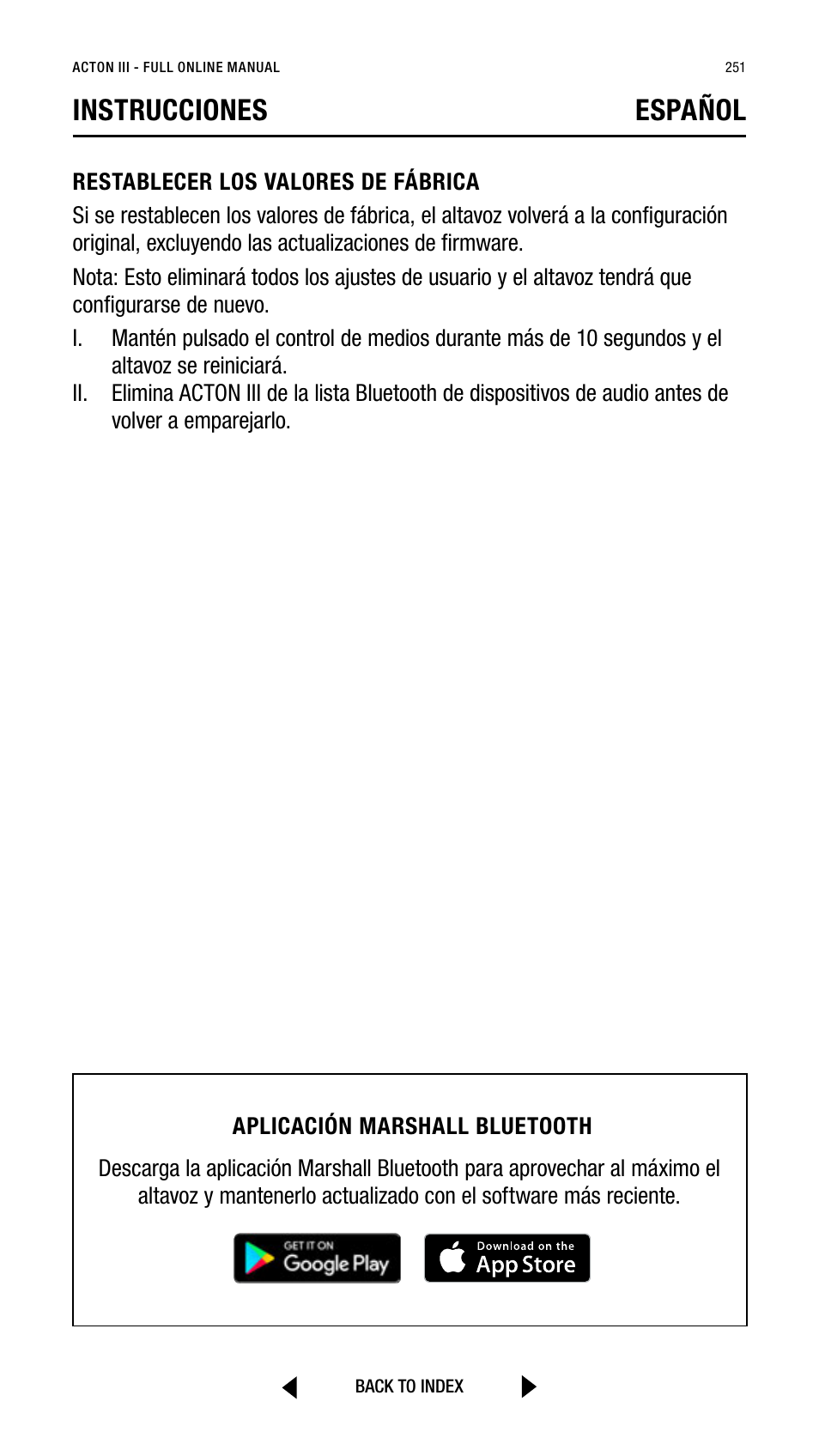 Instrucciones español | Marshall Acton III Bluetooth Speaker System (Black) User Manual | Page 251 / 304