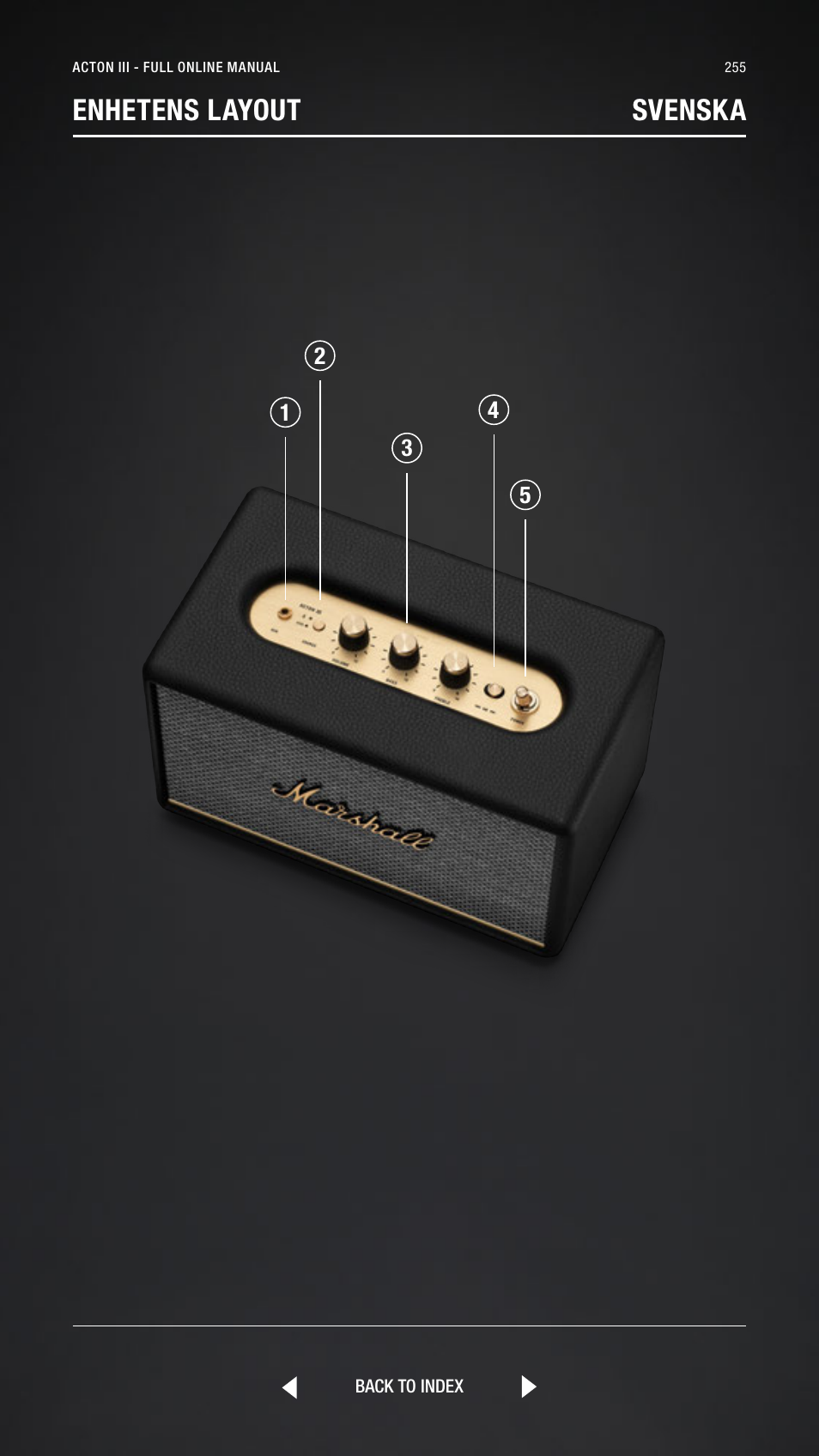 Swedish, Svenska, Enhetens layout svenska | Marshall Acton III Bluetooth Speaker System (Black) User Manual | Page 255 / 304