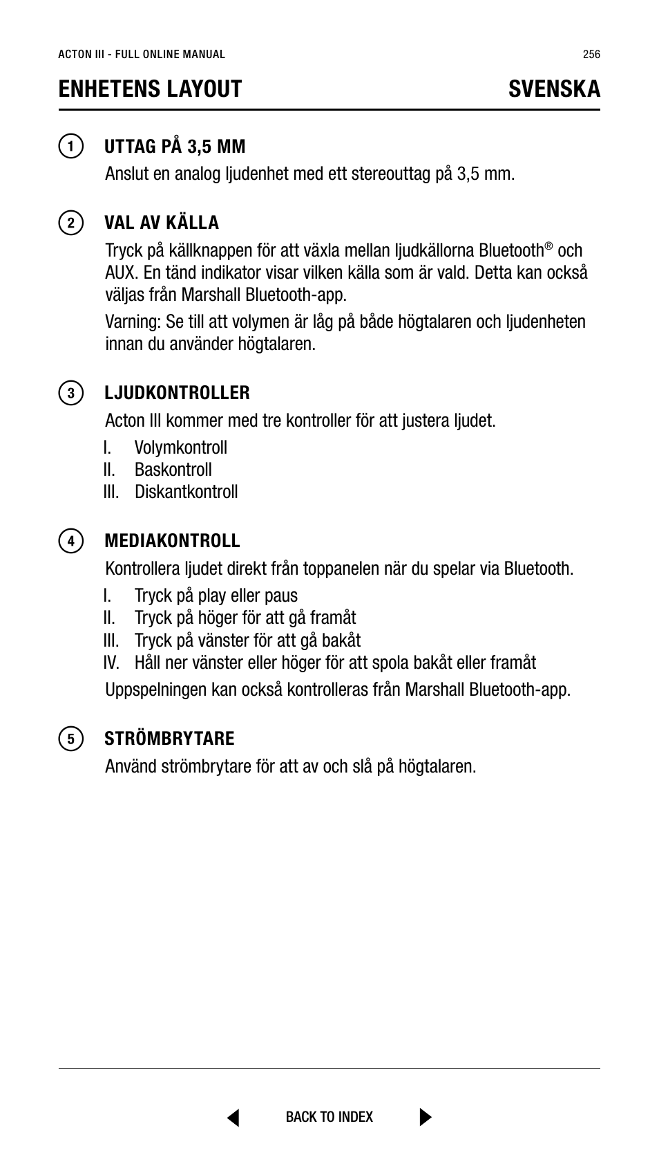 Enhetens layout svenska | Marshall Acton III Bluetooth Speaker System (Black) User Manual | Page 256 / 304