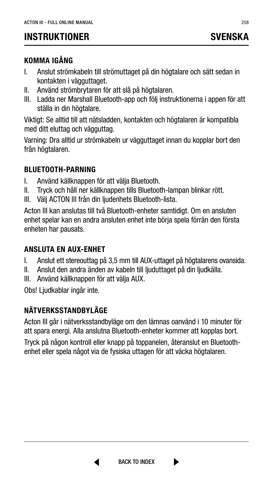 Instruktioner svenska | Marshall Acton III Bluetooth Speaker System (Black) User Manual | Page 258 / 304