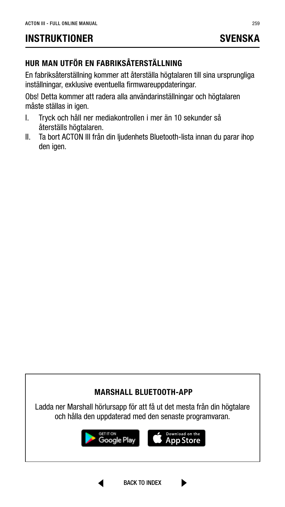 Instruktioner svenska | Marshall Acton III Bluetooth Speaker System (Black) User Manual | Page 259 / 304