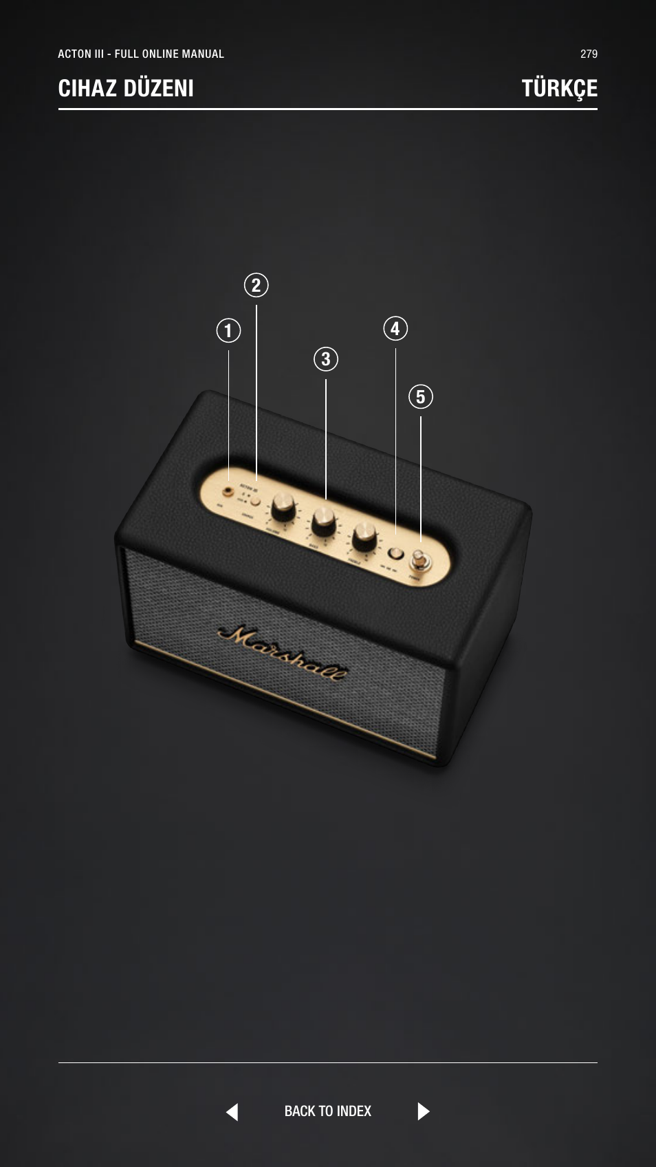 Turkish, Türkçe, Cihaz düzeni türkçe | Marshall Acton III Bluetooth Speaker System (Black) User Manual | Page 279 / 304