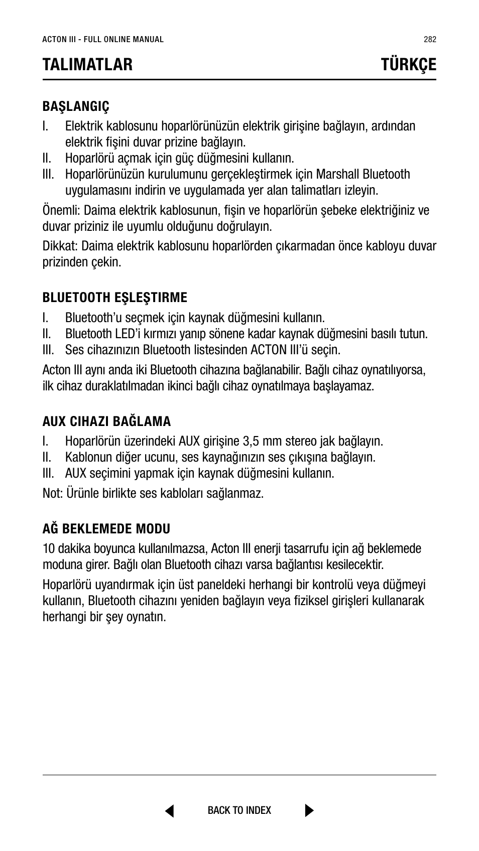Talimatlar türkçe | Marshall Acton III Bluetooth Speaker System (Black) User Manual | Page 282 / 304