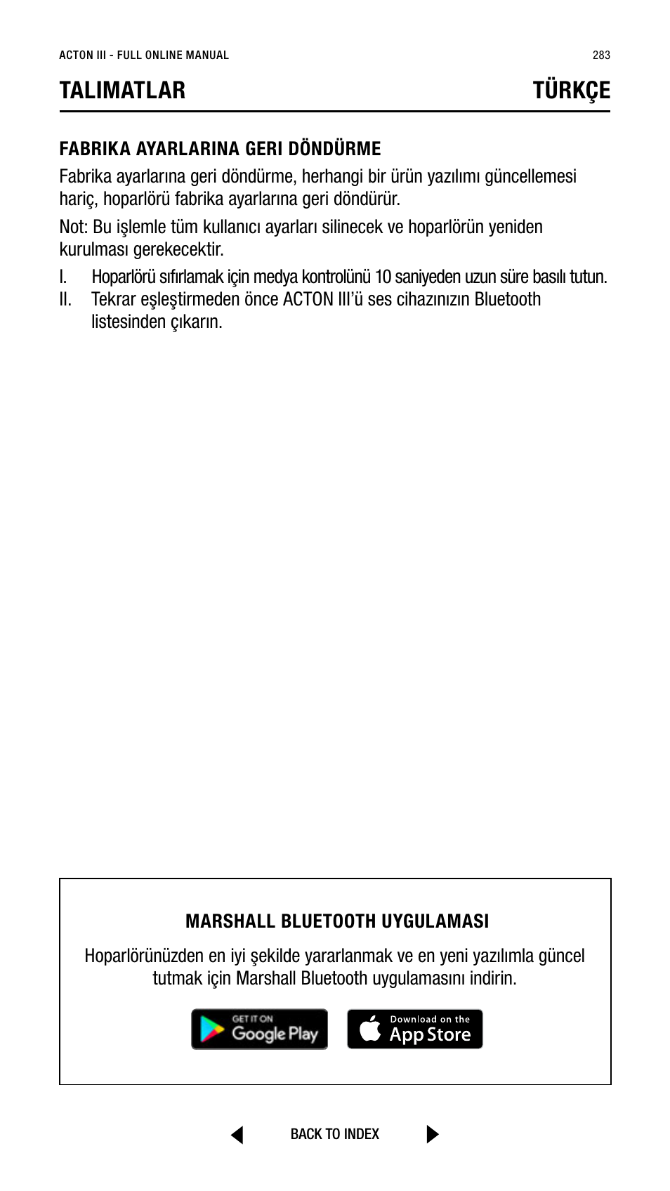 Talimatlar türkçe | Marshall Acton III Bluetooth Speaker System (Black) User Manual | Page 283 / 304