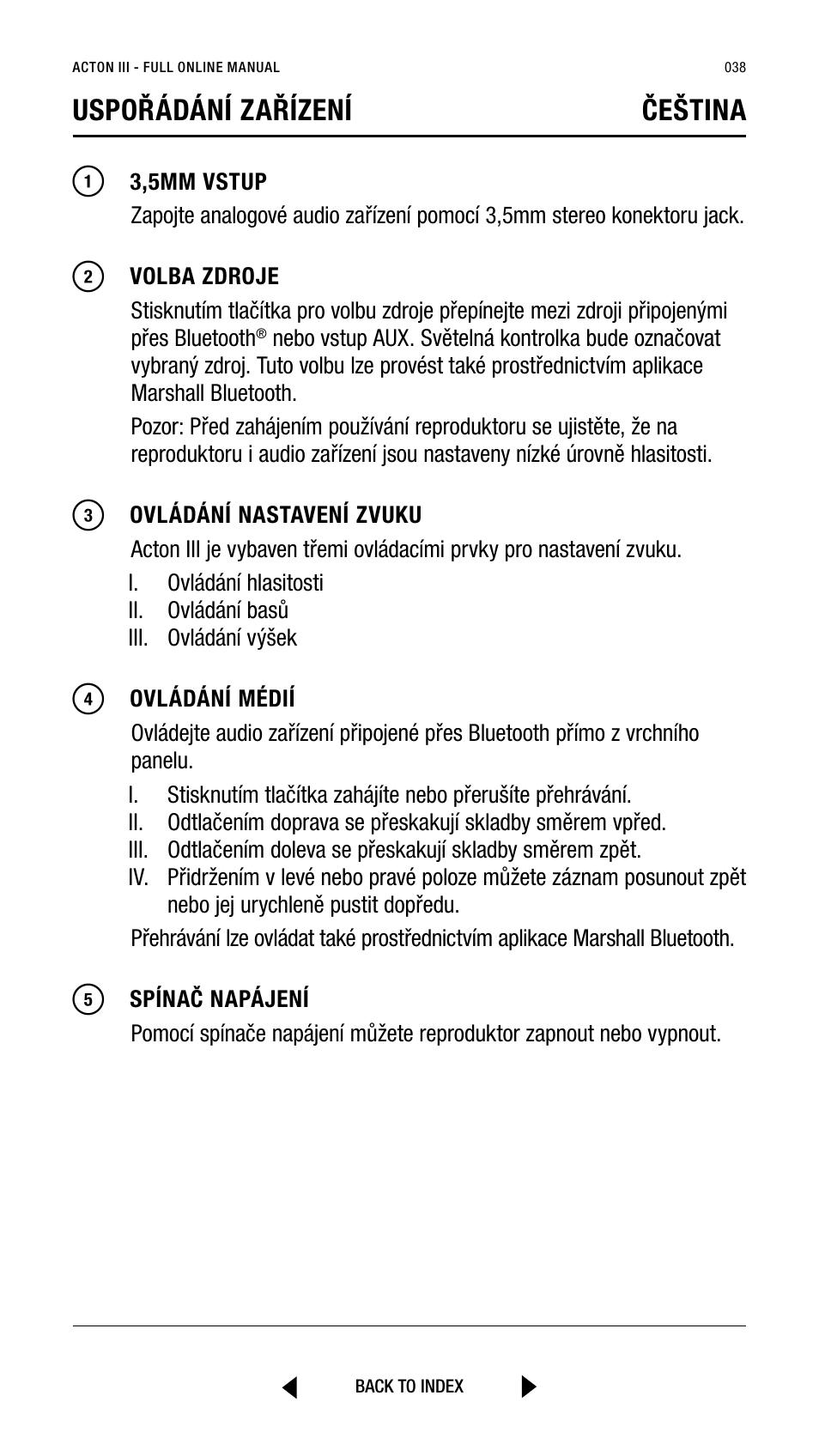 Uspořádání zařízení čeština | Marshall Acton III Bluetooth Speaker System (Black) User Manual | Page 38 / 304