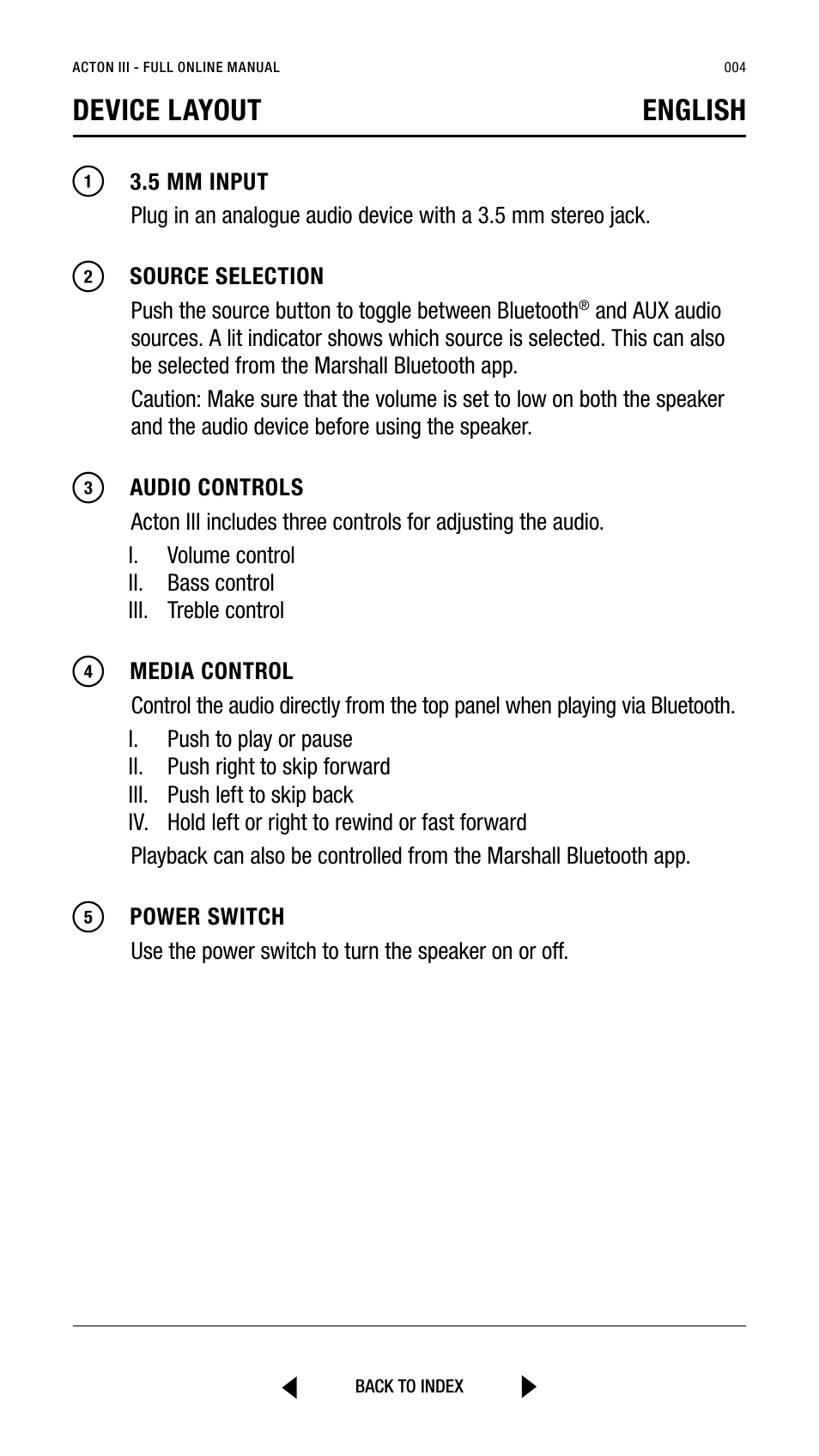 Device layout english | Marshall Acton III Bluetooth Speaker System (Black) User Manual | Page 4 / 304