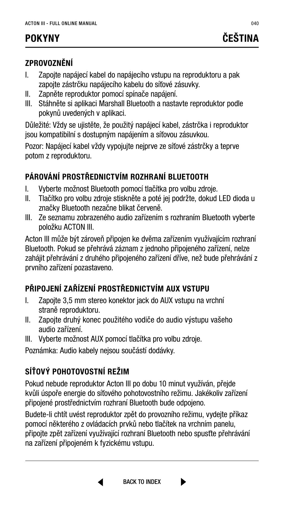 Pokyny čeština | Marshall Acton III Bluetooth Speaker System (Black) User Manual | Page 40 / 304