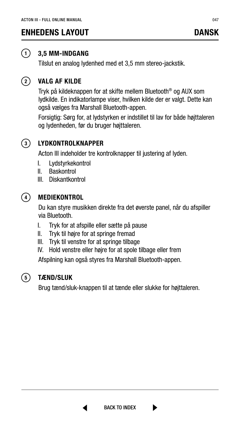 Enhedens layout dansk | Marshall Acton III Bluetooth Speaker System (Black) User Manual | Page 47 / 304