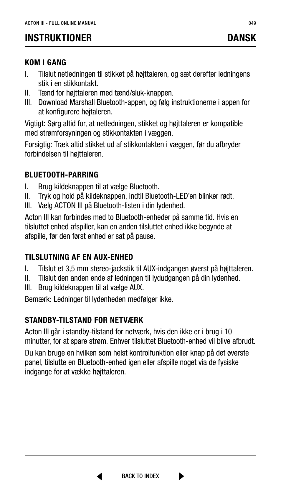 Instruktioner dansk | Marshall Acton III Bluetooth Speaker System (Black) User Manual | Page 49 / 304