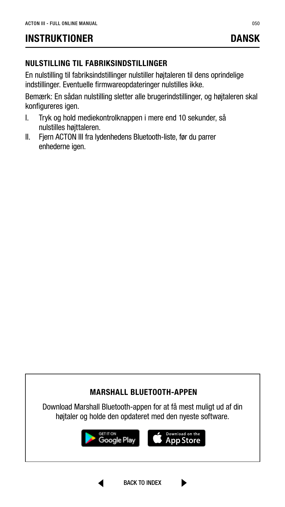 Instruktioner dansk | Marshall Acton III Bluetooth Speaker System (Black) User Manual | Page 50 / 304