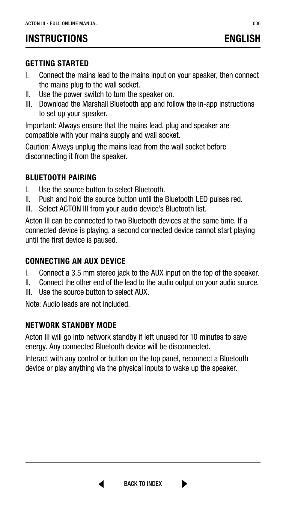 Instructions english | Marshall Acton III Bluetooth Speaker System (Black) User Manual | Page 6 / 304