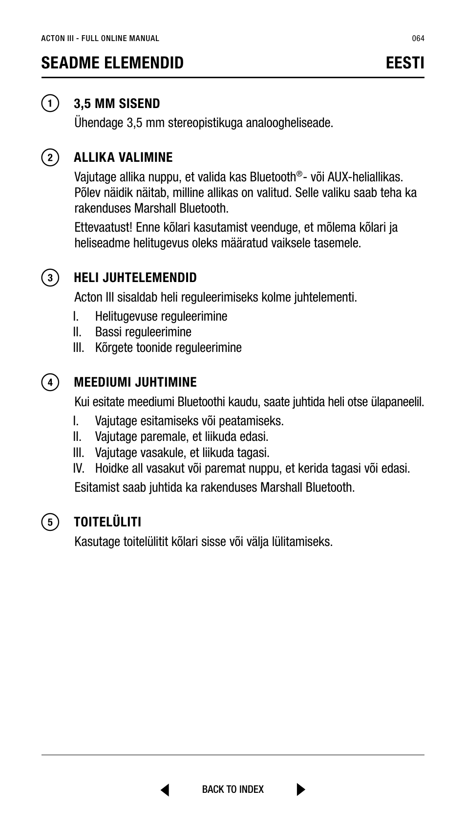 Seadme elemendid eesti | Marshall Acton III Bluetooth Speaker System (Black) User Manual | Page 64 / 304