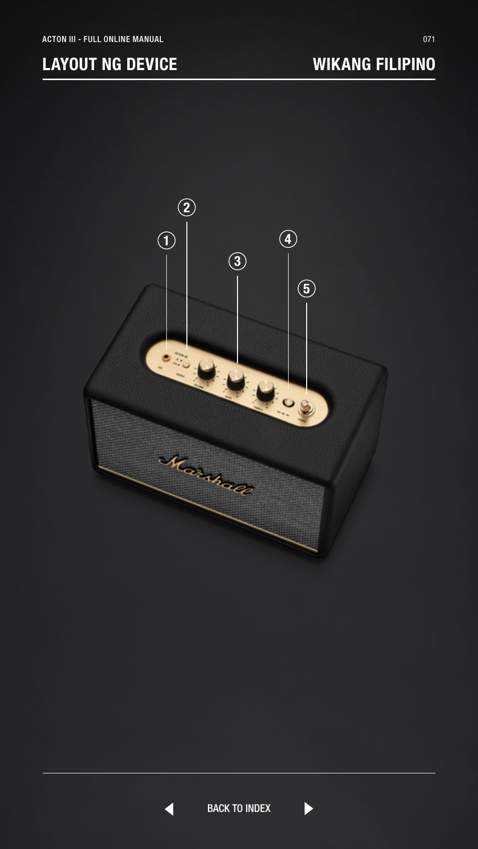Filipino, Wikang filipino, Layout ng device wikang filipino | Marshall Acton III Bluetooth Speaker System (Black) User Manual | Page 71 / 304