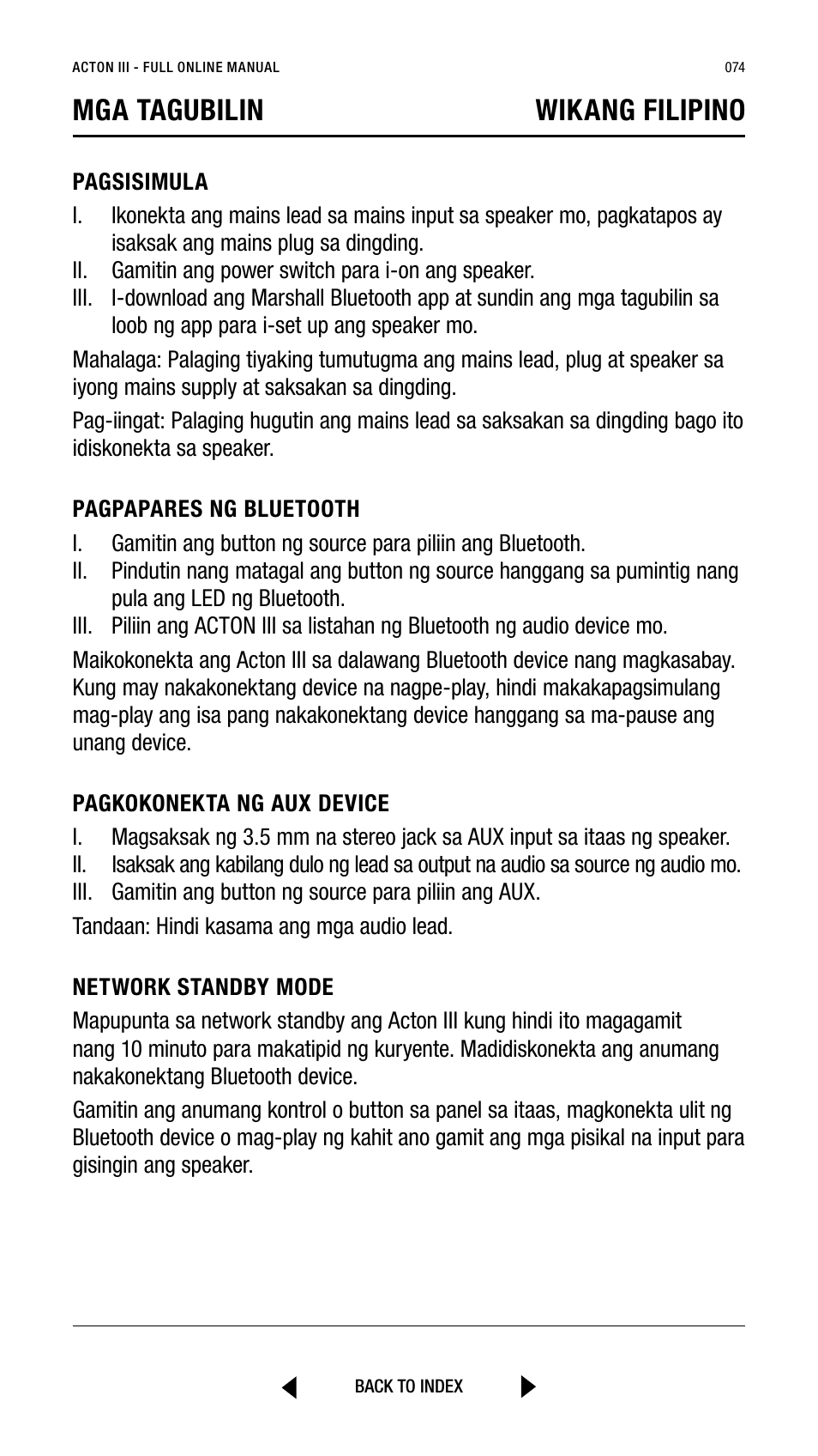 Mga tagubilin wikang filipino | Marshall Acton III Bluetooth Speaker System (Black) User Manual | Page 74 / 304