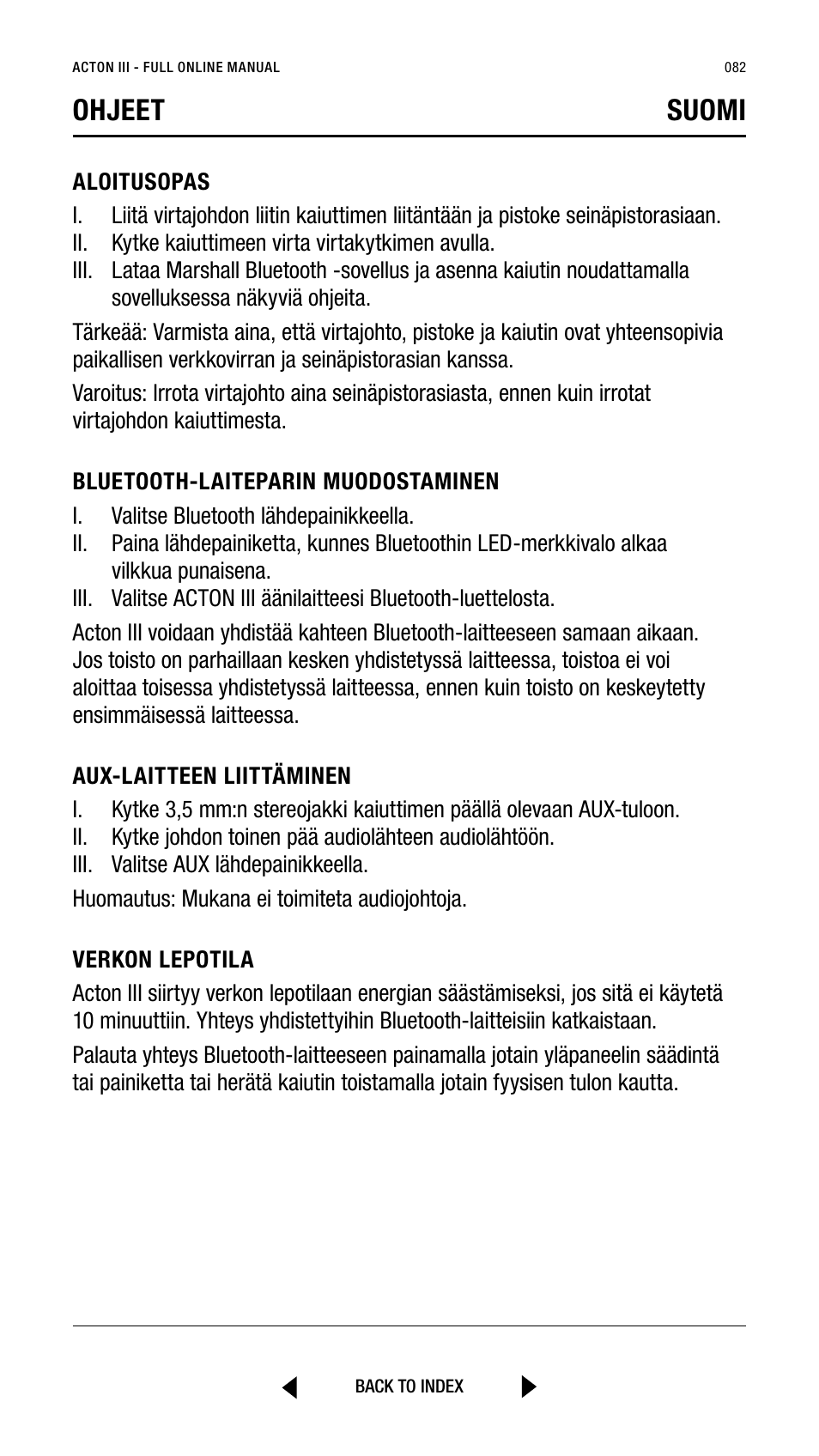 Ohjeet suomi | Marshall Acton III Bluetooth Speaker System (Black) User Manual | Page 82 / 304