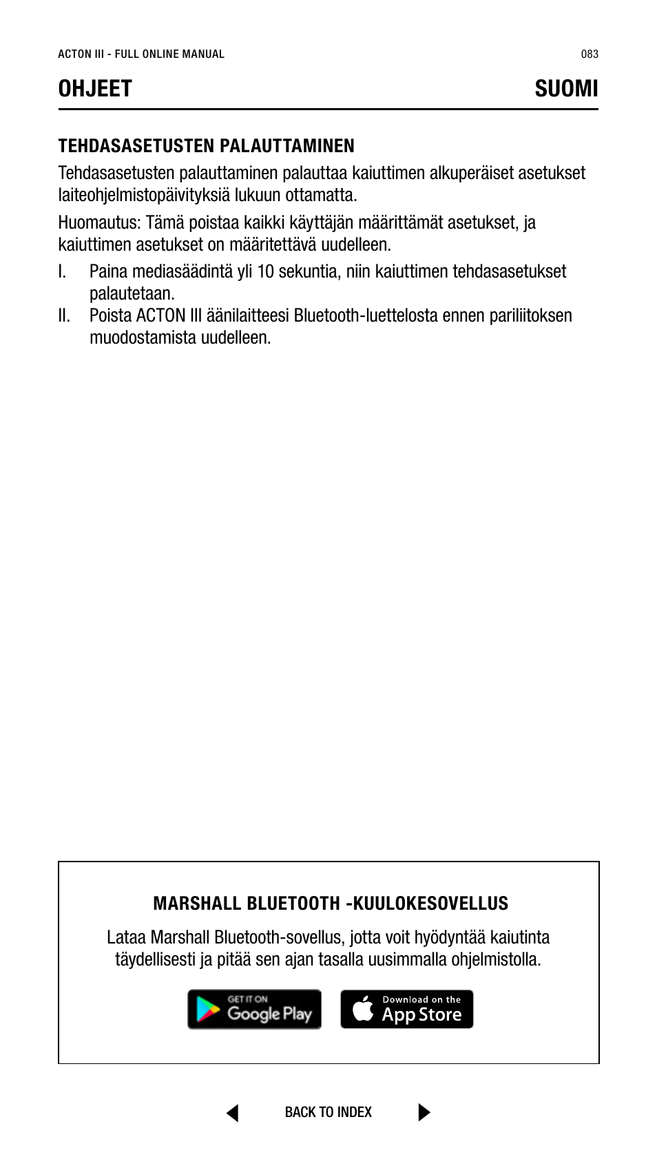 Ohjeet suomi | Marshall Acton III Bluetooth Speaker System (Black) User Manual | Page 83 / 304