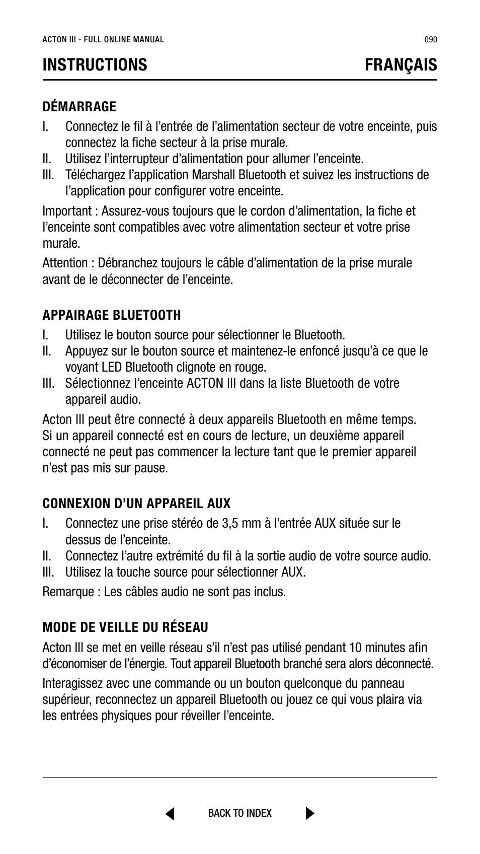 Instructions français | Marshall Acton III Bluetooth Speaker System (Black) User Manual | Page 90 / 304