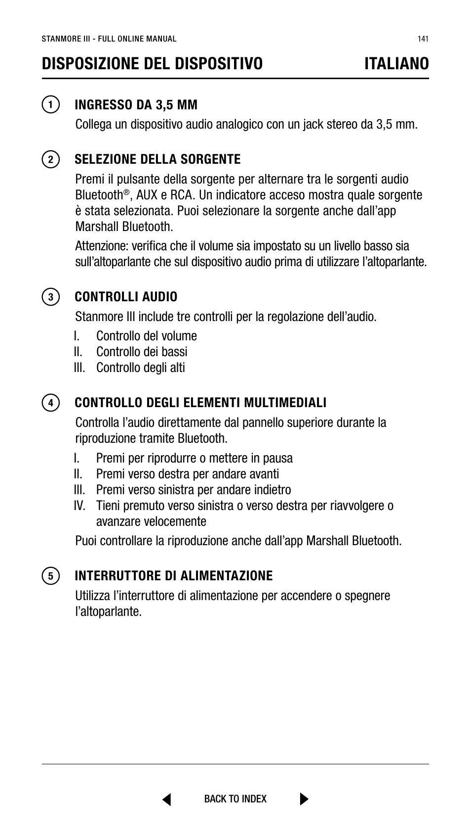 Disposizione del dispositivo italiano | Marshall Stanmore III Bluetooth Speaker System (Black) User Manual | Page 141 / 307