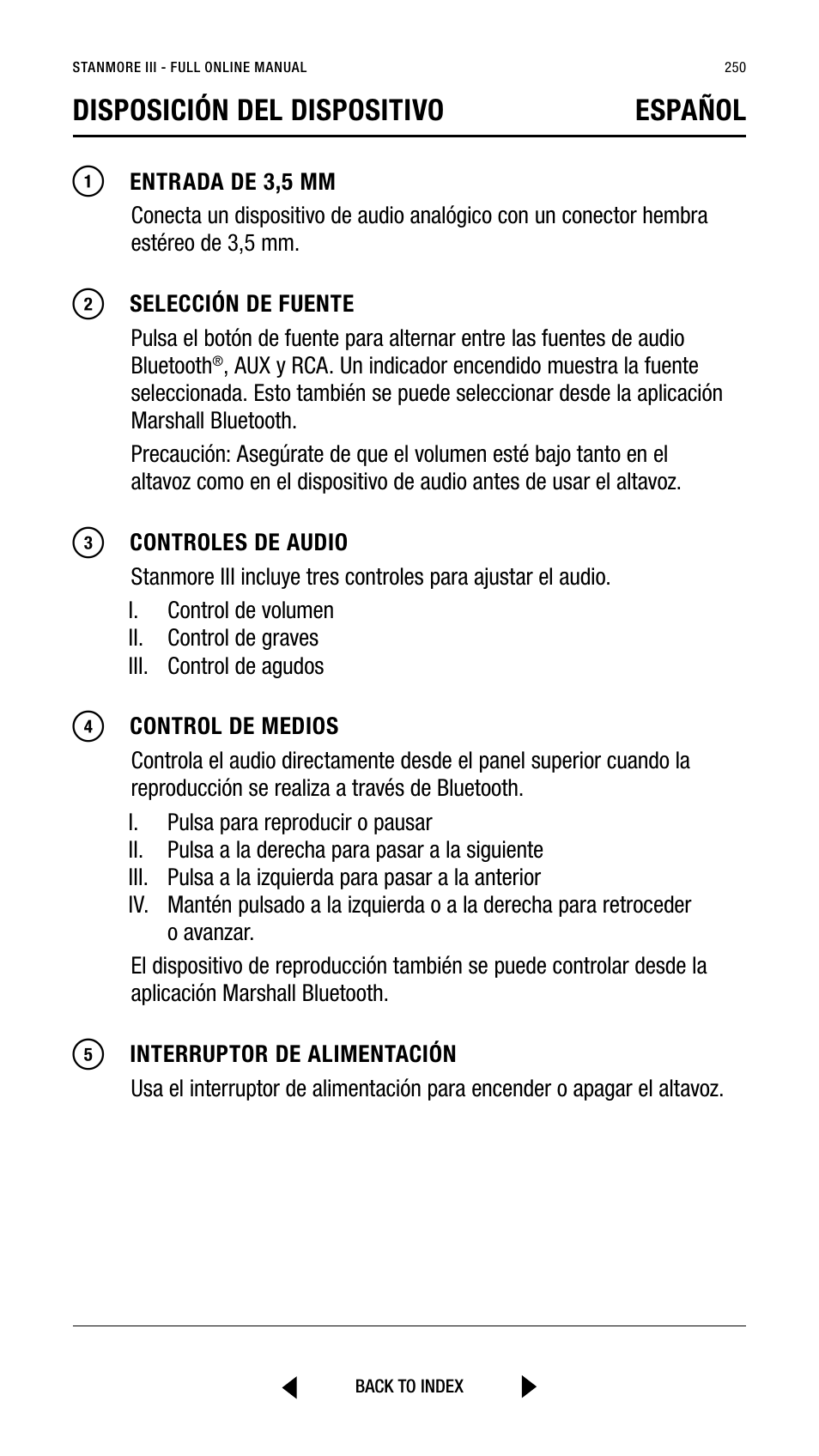 Disposición del dispositivo español | Marshall Stanmore III Bluetooth Speaker System (Black) User Manual | Page 250 / 307