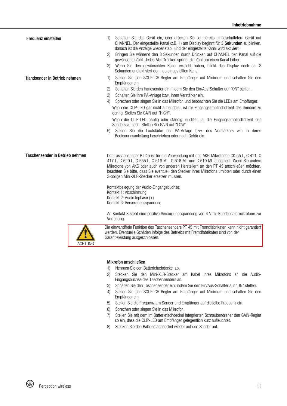 Akg Perception Wireless Presenter Set - Frequency A / 530 - 560MHz User Manual | Page 11 / 98