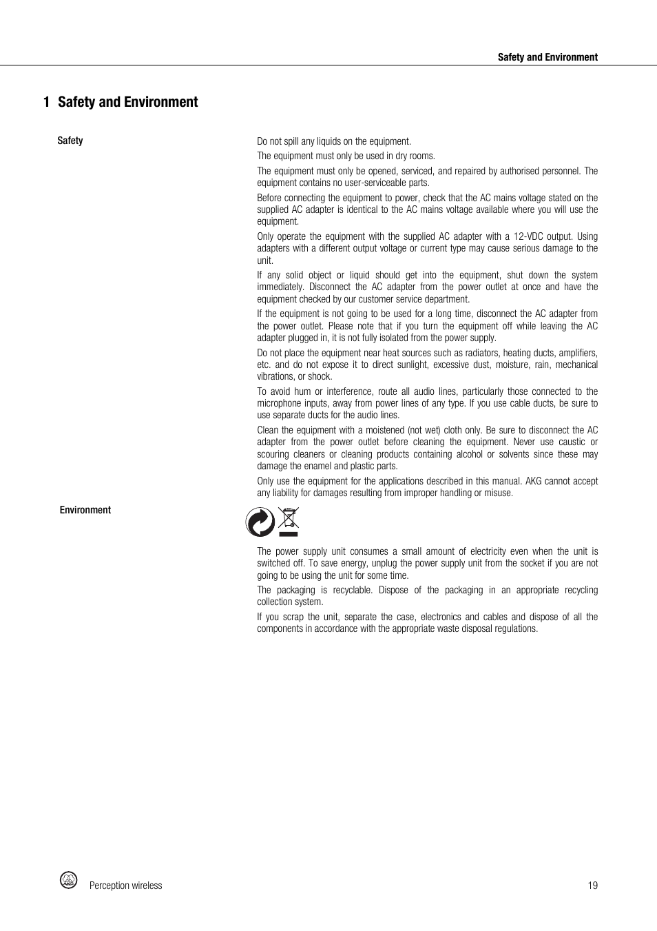 1safety and environment | Akg Perception Wireless Presenter Set - Frequency A / 530 - 560MHz User Manual | Page 19 / 98