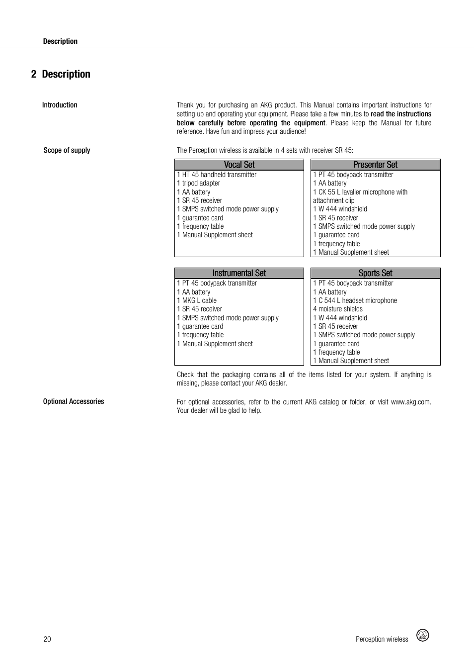2description | Akg Perception Wireless Presenter Set - Frequency A / 530 - 560MHz User Manual | Page 20 / 98
