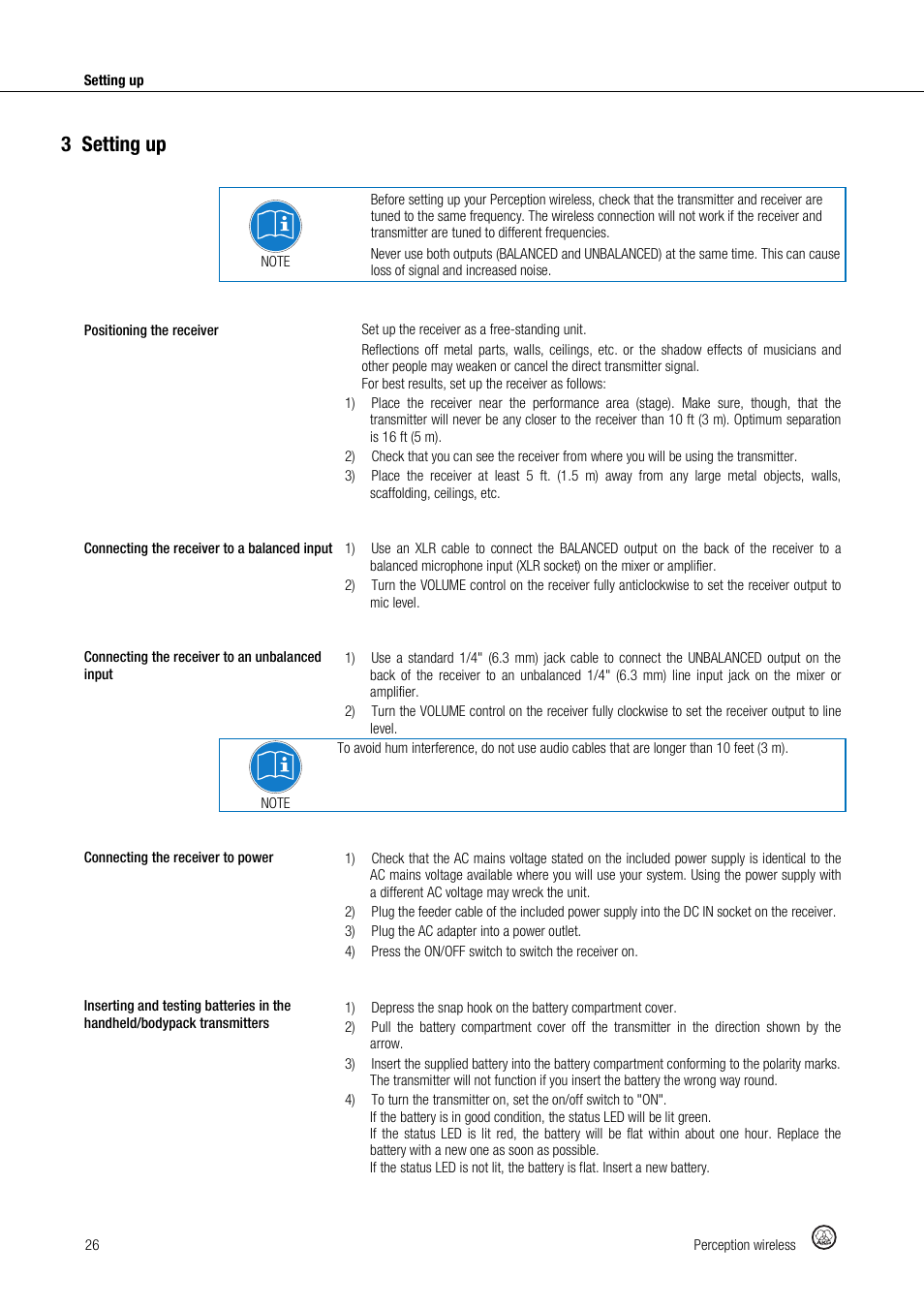 3setting up | Akg Perception Wireless Presenter Set - Frequency A / 530 - 560MHz User Manual | Page 26 / 98