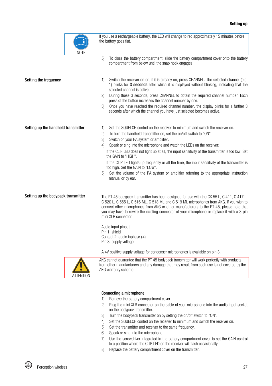 Akg Perception Wireless Presenter Set - Frequency A / 530 - 560MHz User Manual | Page 27 / 98