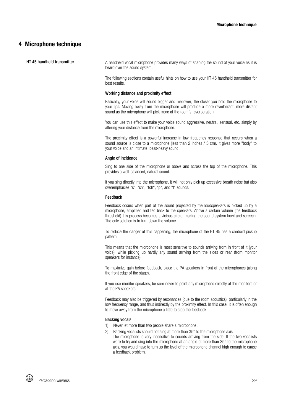4microphone technique | Akg Perception Wireless Presenter Set - Frequency A / 530 - 560MHz User Manual | Page 29 / 98