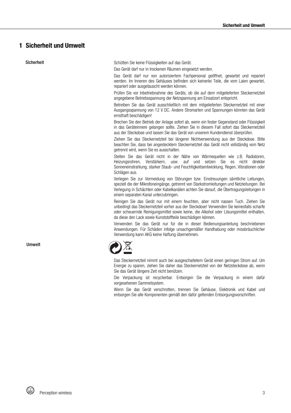 1sicherheit und umwelt | Akg Perception Wireless Presenter Set - Frequency A / 530 - 560MHz User Manual | Page 3 / 98