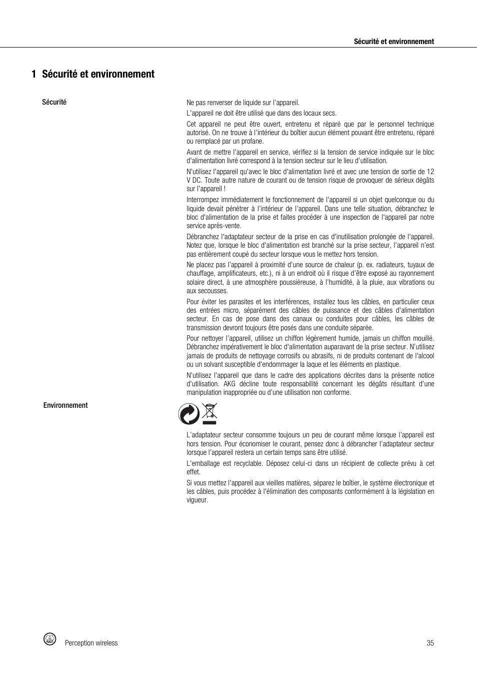 1sécurité et environnement | Akg Perception Wireless Presenter Set - Frequency A / 530 - 560MHz User Manual | Page 35 / 98