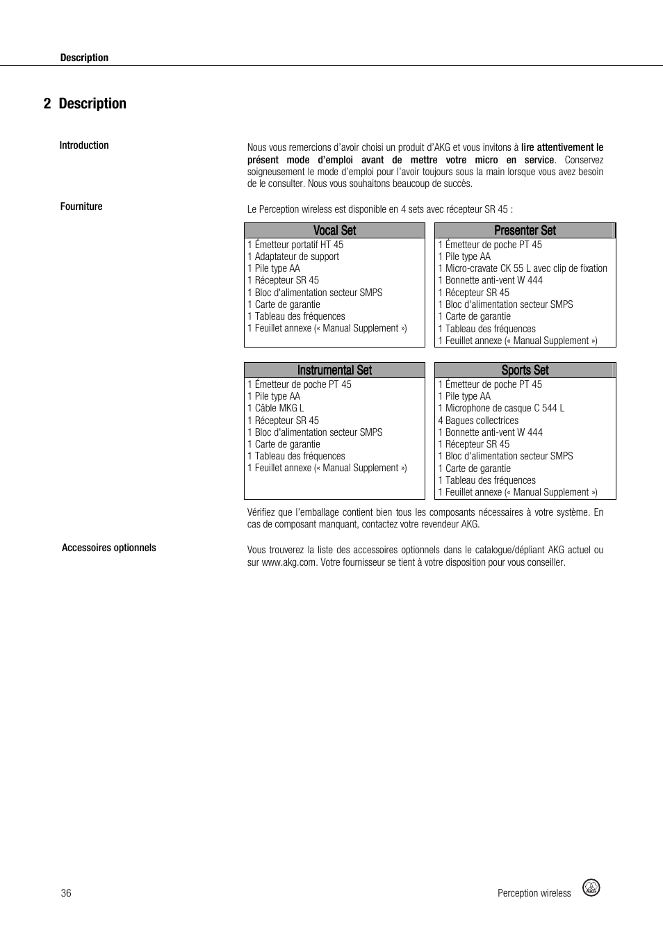2description | Akg Perception Wireless Presenter Set - Frequency A / 530 - 560MHz User Manual | Page 36 / 98