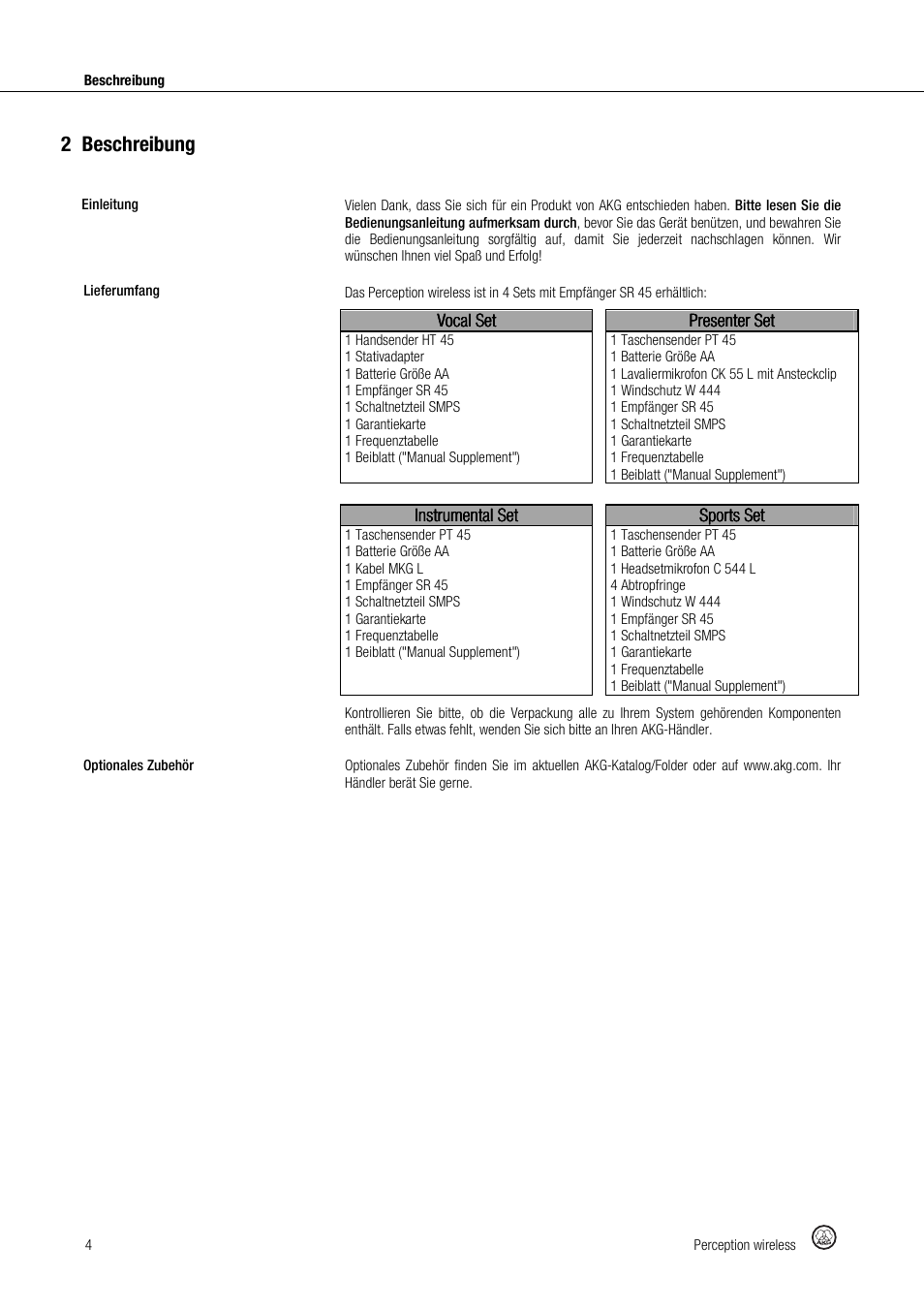 2beschreibung | Akg Perception Wireless Presenter Set - Frequency A / 530 - 560MHz User Manual | Page 4 / 98