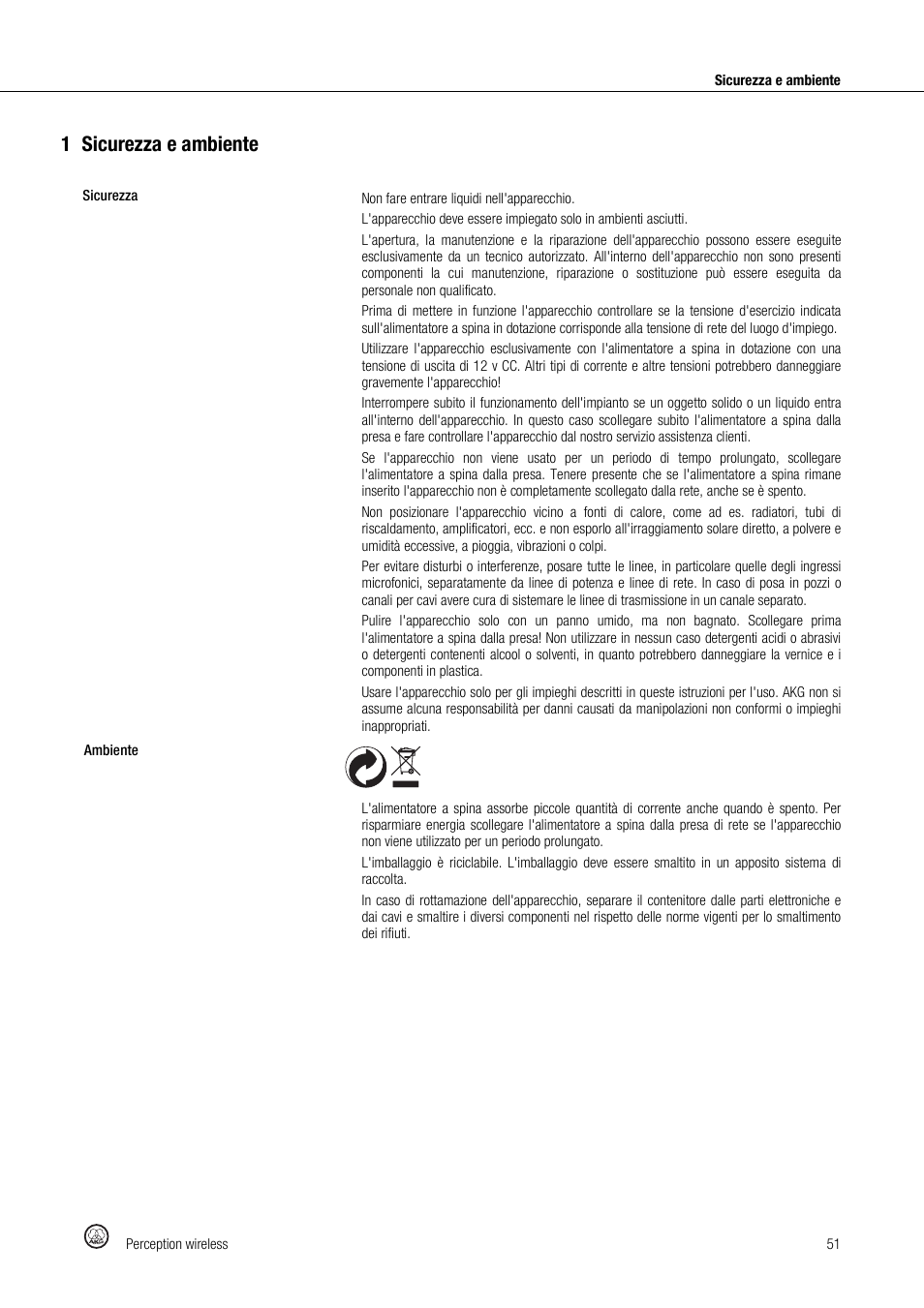 1sicurezza e ambiente | Akg Perception Wireless Presenter Set - Frequency A / 530 - 560MHz User Manual | Page 51 / 98