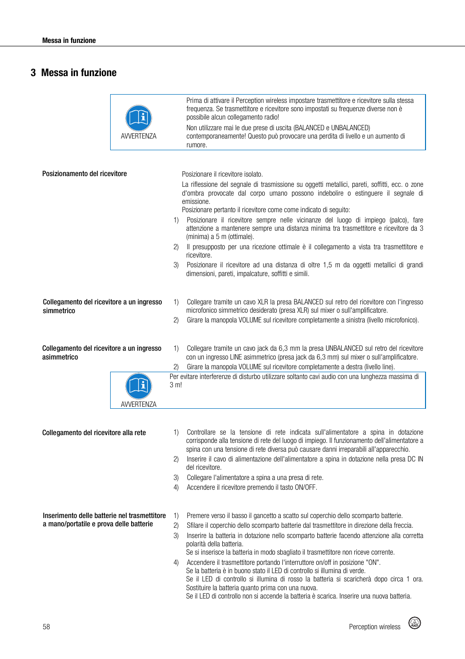 3messa in funzione | Akg Perception Wireless Presenter Set - Frequency A / 530 - 560MHz User Manual | Page 58 / 98