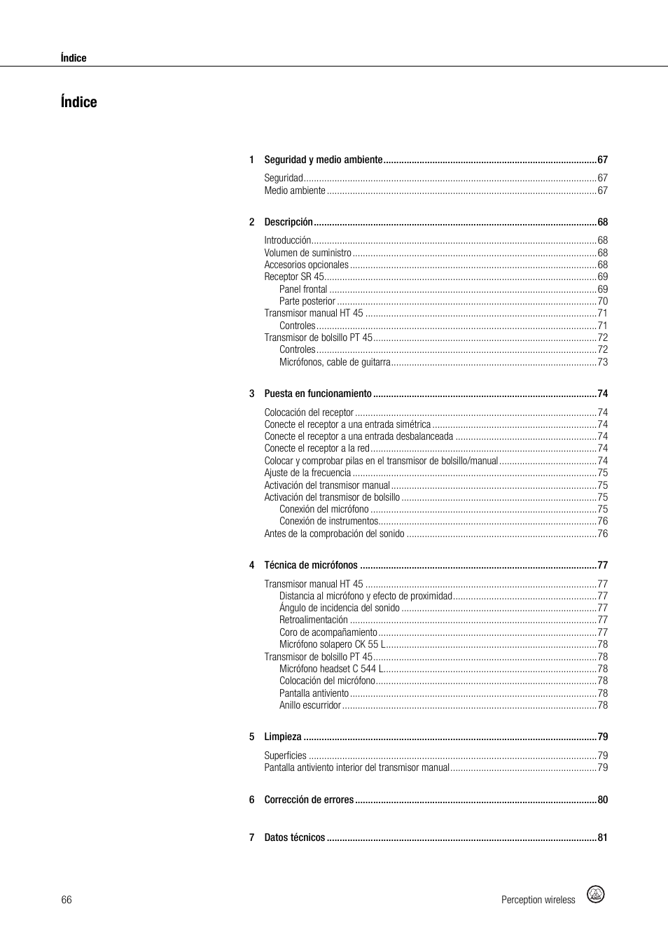 Índice | Akg Perception Wireless Presenter Set - Frequency A / 530 - 560MHz User Manual | Page 66 / 98