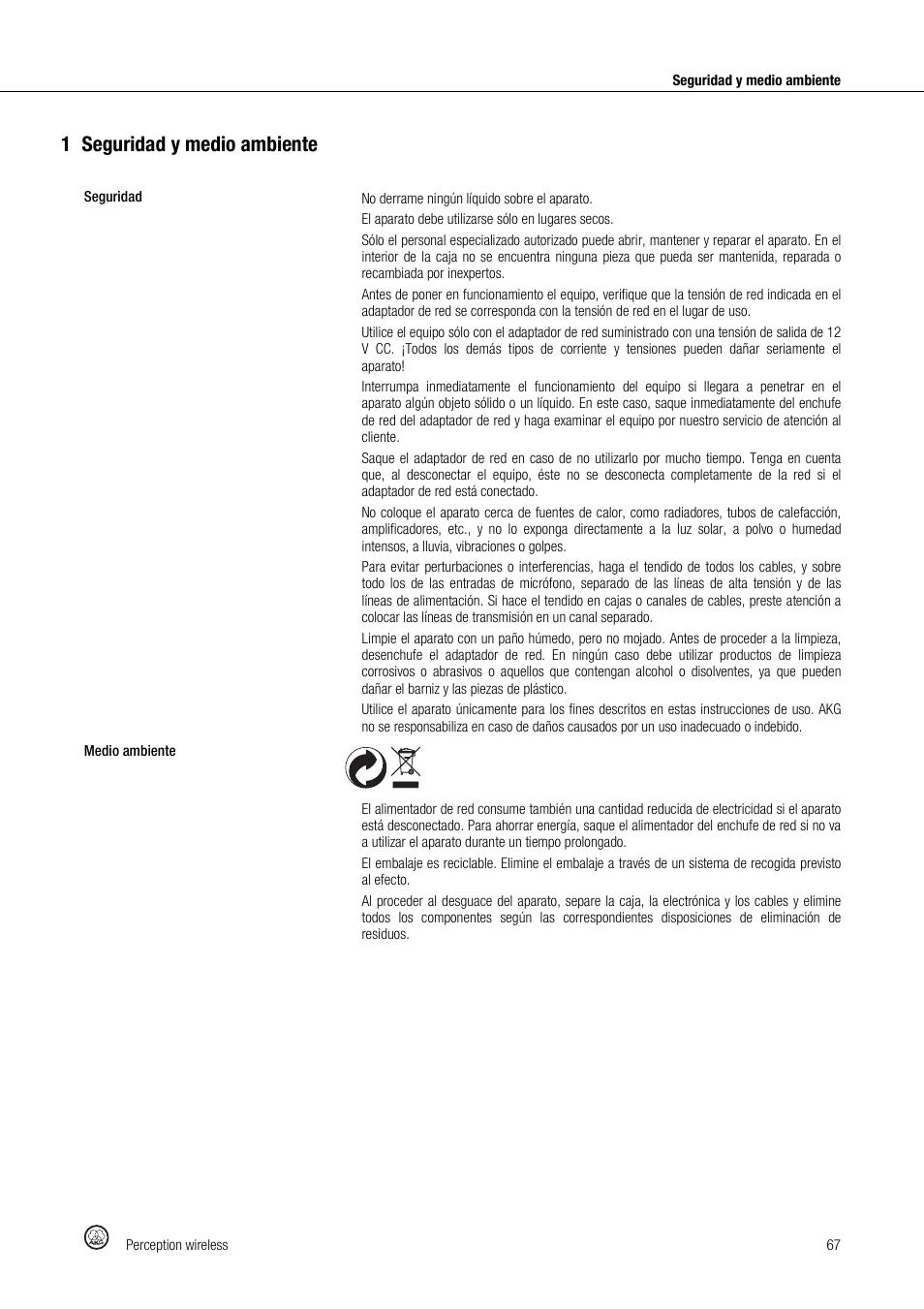 1seguridad y medio ambiente | Akg Perception Wireless Presenter Set - Frequency A / 530 - 560MHz User Manual | Page 67 / 98