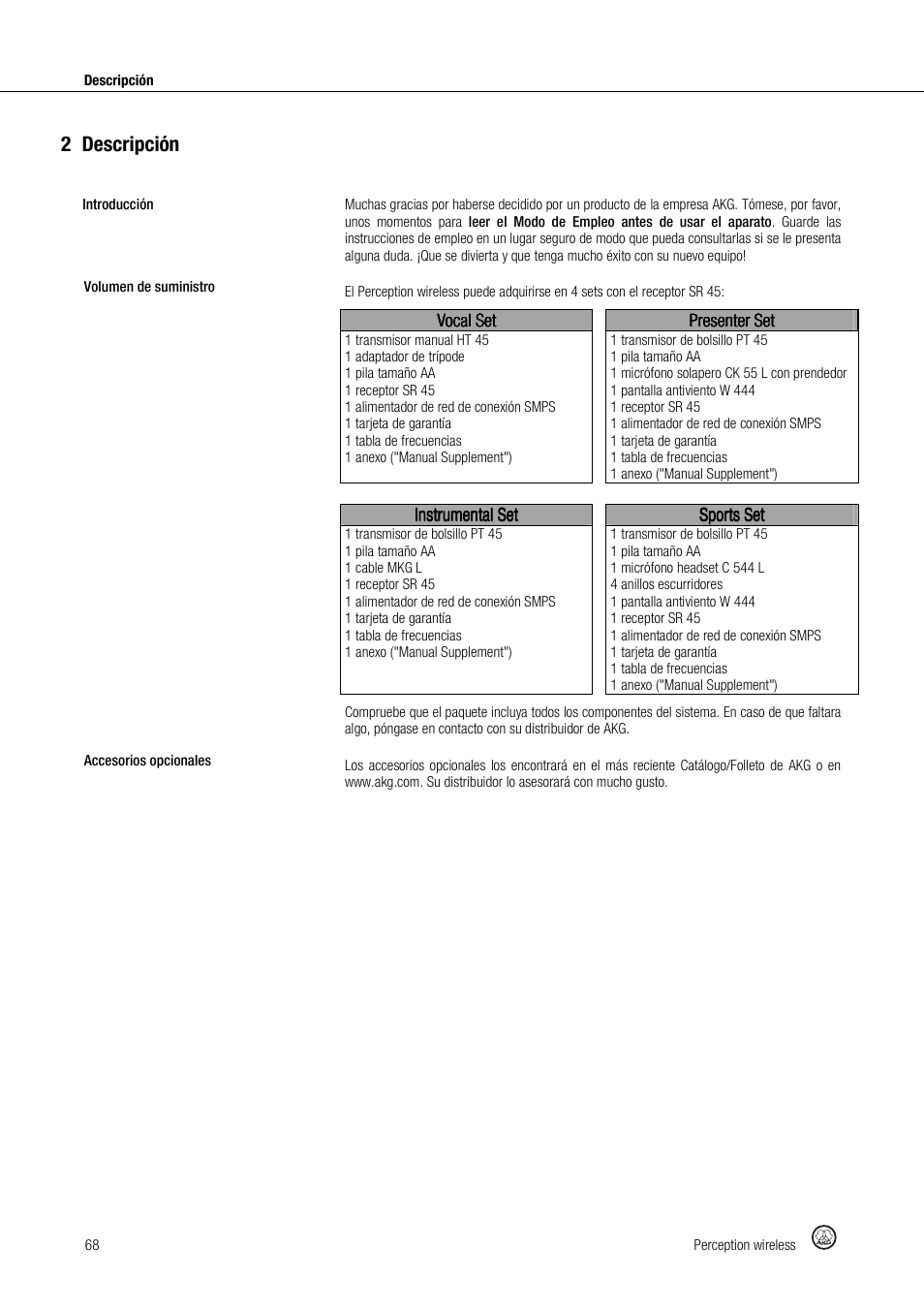 2descripción | Akg Perception Wireless Presenter Set - Frequency A / 530 - 560MHz User Manual | Page 68 / 98