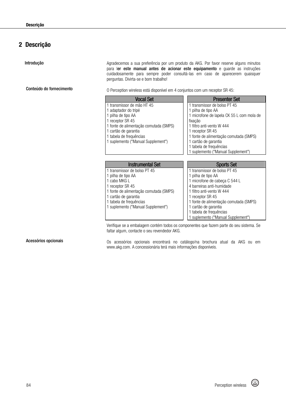 2descrição | Akg Perception Wireless Presenter Set - Frequency A / 530 - 560MHz User Manual | Page 84 / 98