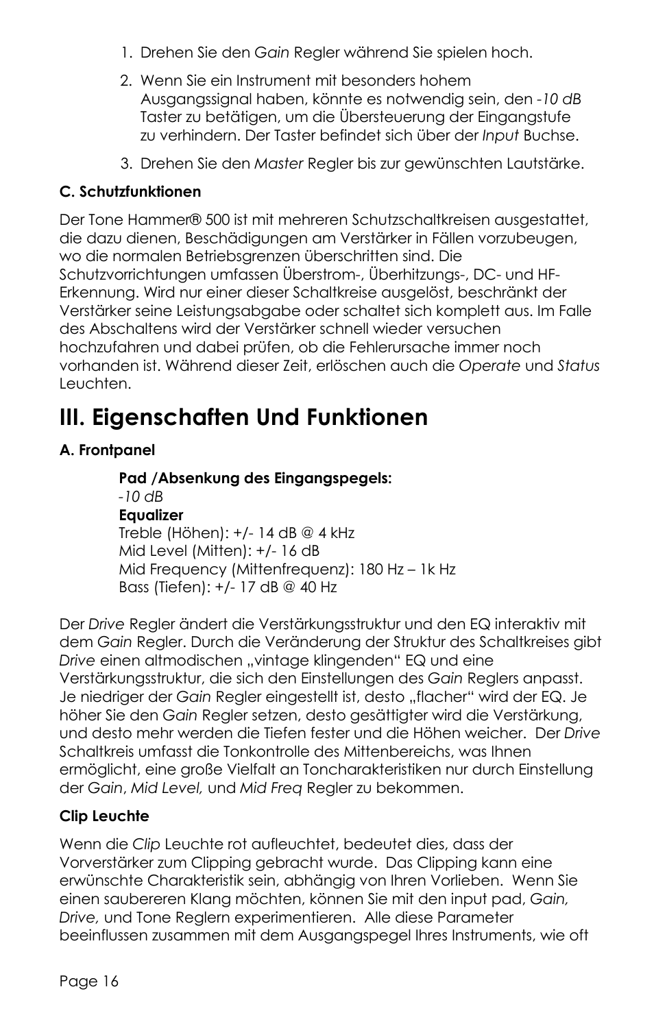 Iii. eigenschaften und funktionen | aguilar Tone Hammer 500-Watt Solid-State Bass Amplifier User Manual | Page 16 / 24