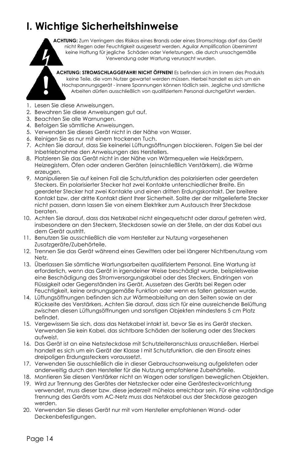 I. wichtige sicherheitshinweise, Page 14 | aguilar Tone Hammer 350W Solid-State Bass Amplifier Head (Limited-Edition Chocolate Brown) User Manual | Page 14 / 24
