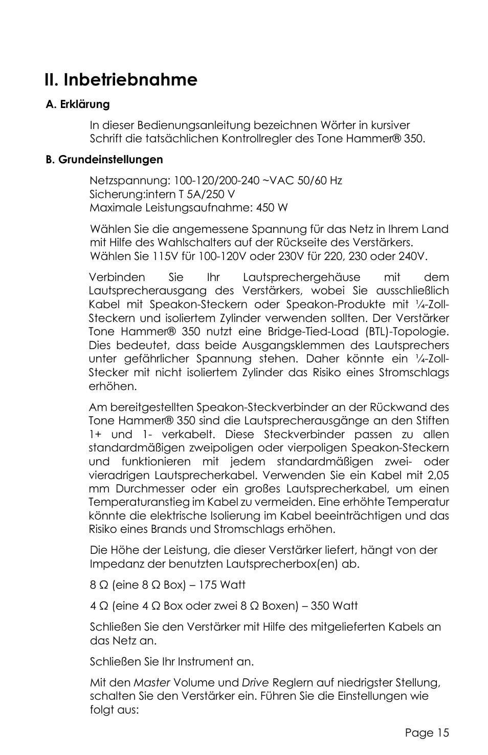 Ii. inbetriebnahme | aguilar Tone Hammer 350W Solid-State Bass Amplifier Head (Limited-Edition Chocolate Brown) User Manual | Page 15 / 24