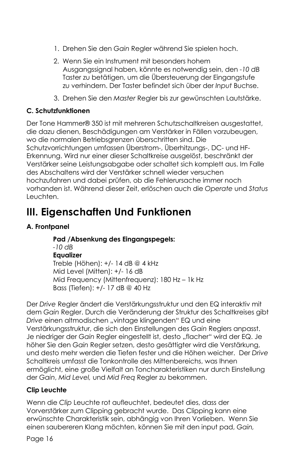 Iii. eigenschaften und funktionen | aguilar Tone Hammer 350W Solid-State Bass Amplifier Head (Limited-Edition Chocolate Brown) User Manual | Page 16 / 24