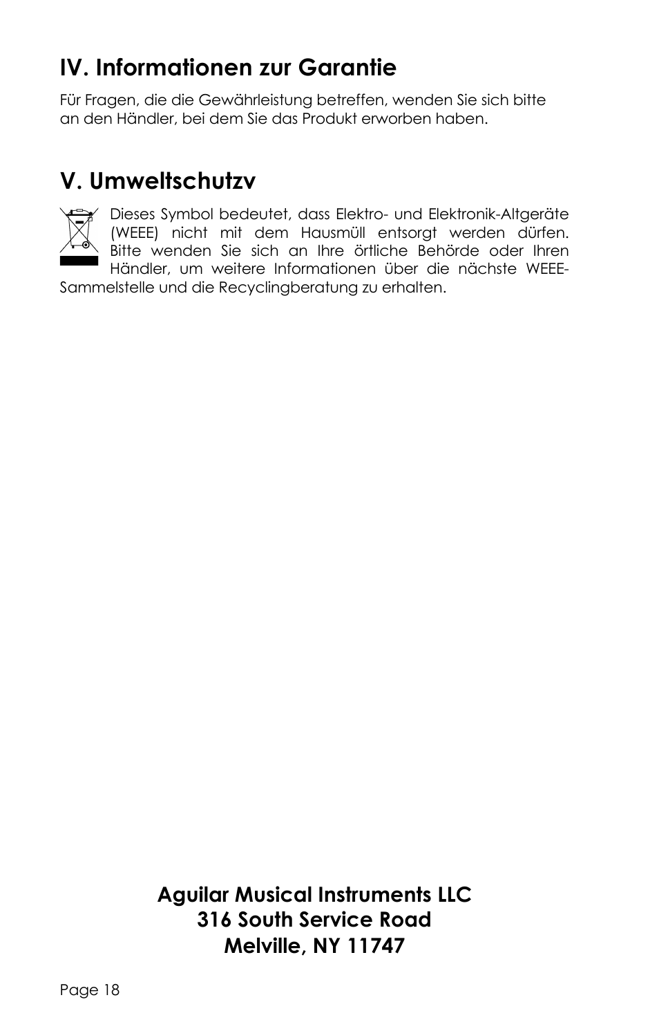 Iv. informationen zur garantie, V. umweltschutzv | aguilar Tone Hammer 350W Solid-State Bass Amplifier Head (Limited-Edition Chocolate Brown) User Manual | Page 18 / 24