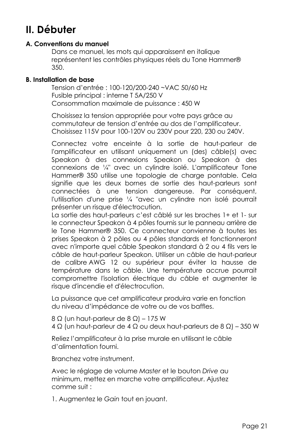 Ii. débuter | aguilar Tone Hammer 350W Solid-State Bass Amplifier Head (Limited-Edition Chocolate Brown) User Manual | Page 21 / 24