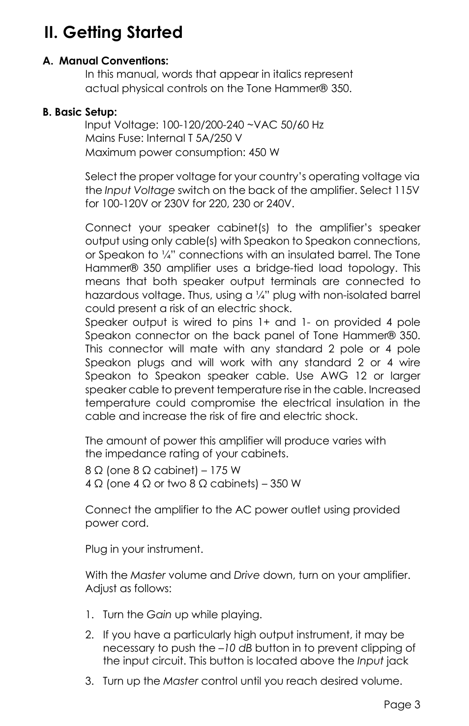Ii. getting started | aguilar Tone Hammer 350W Solid-State Bass Amplifier Head (Limited-Edition Chocolate Brown) User Manual | Page 3 / 24