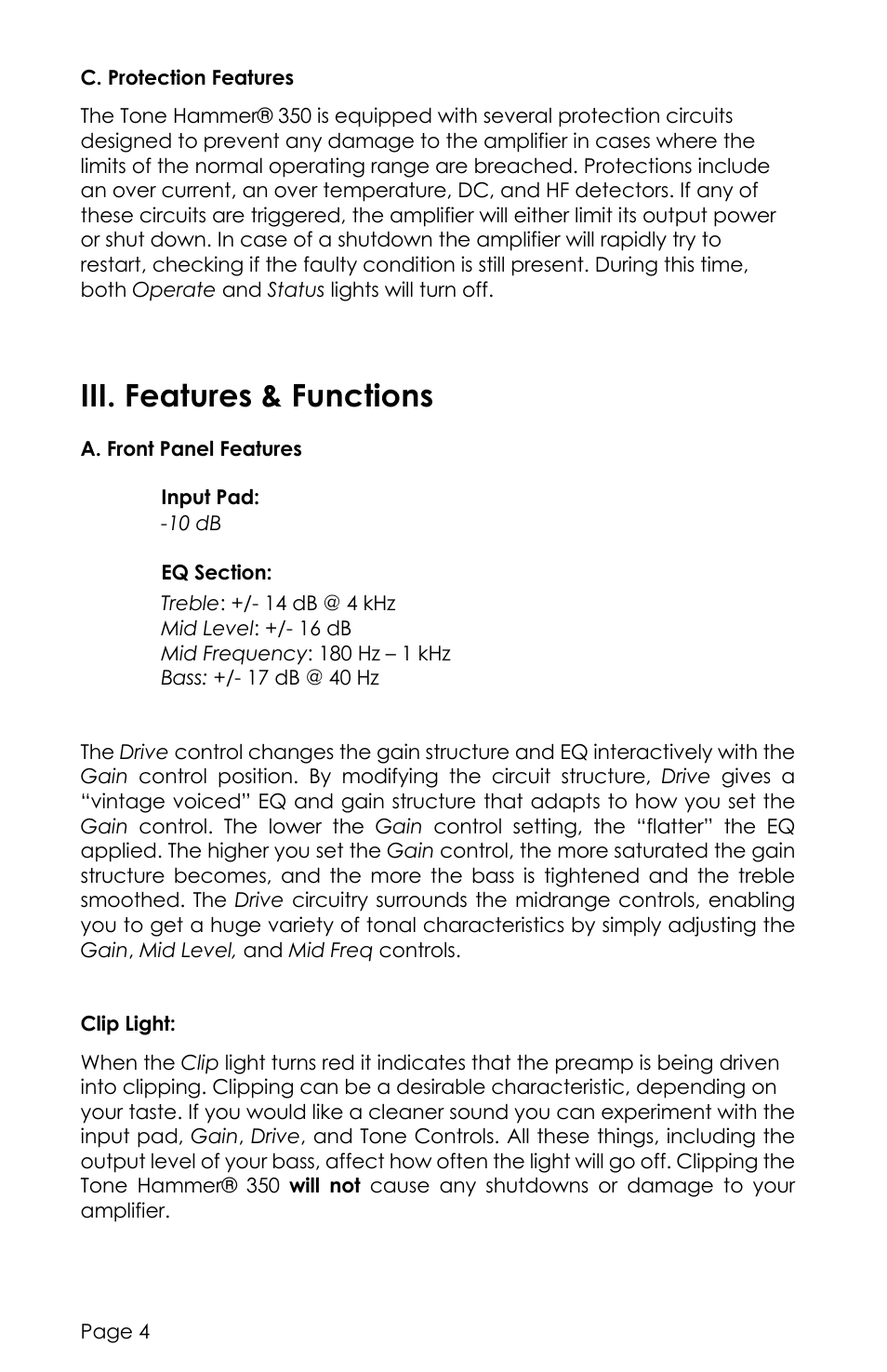 Iii. features & functions | aguilar Tone Hammer 350W Solid-State Bass Amplifier Head (Limited-Edition Chocolate Brown) User Manual | Page 4 / 24